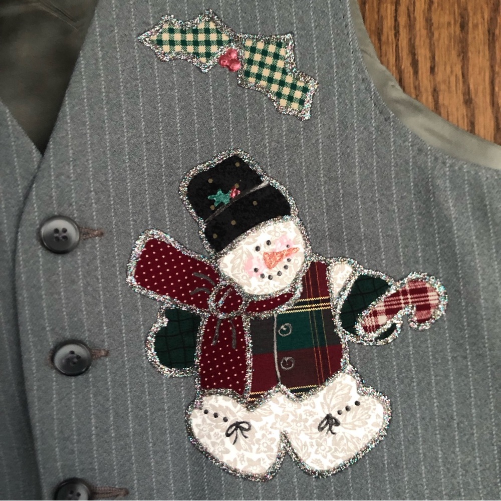 Vintage men’s holiday Christmas glittery snowman vest with pockets - Picture 3 of 8